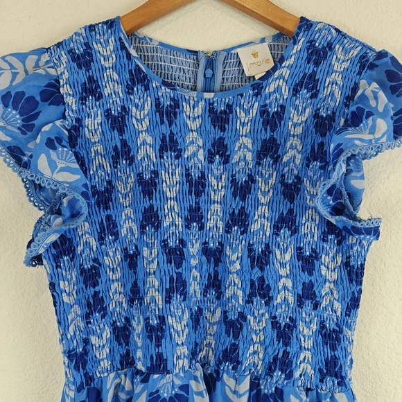 J. Marie Nwot The Luna Ruched Midi Floral Blue Dress Ruffle Sleeves Sz Medium - Picture 10 of 16